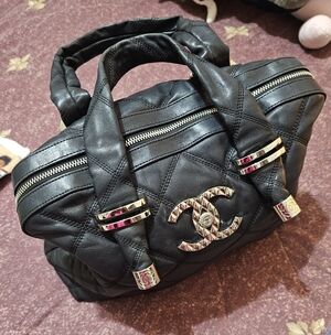 Black Quilted Leather Tote Bag with Gold-Tone Hardware